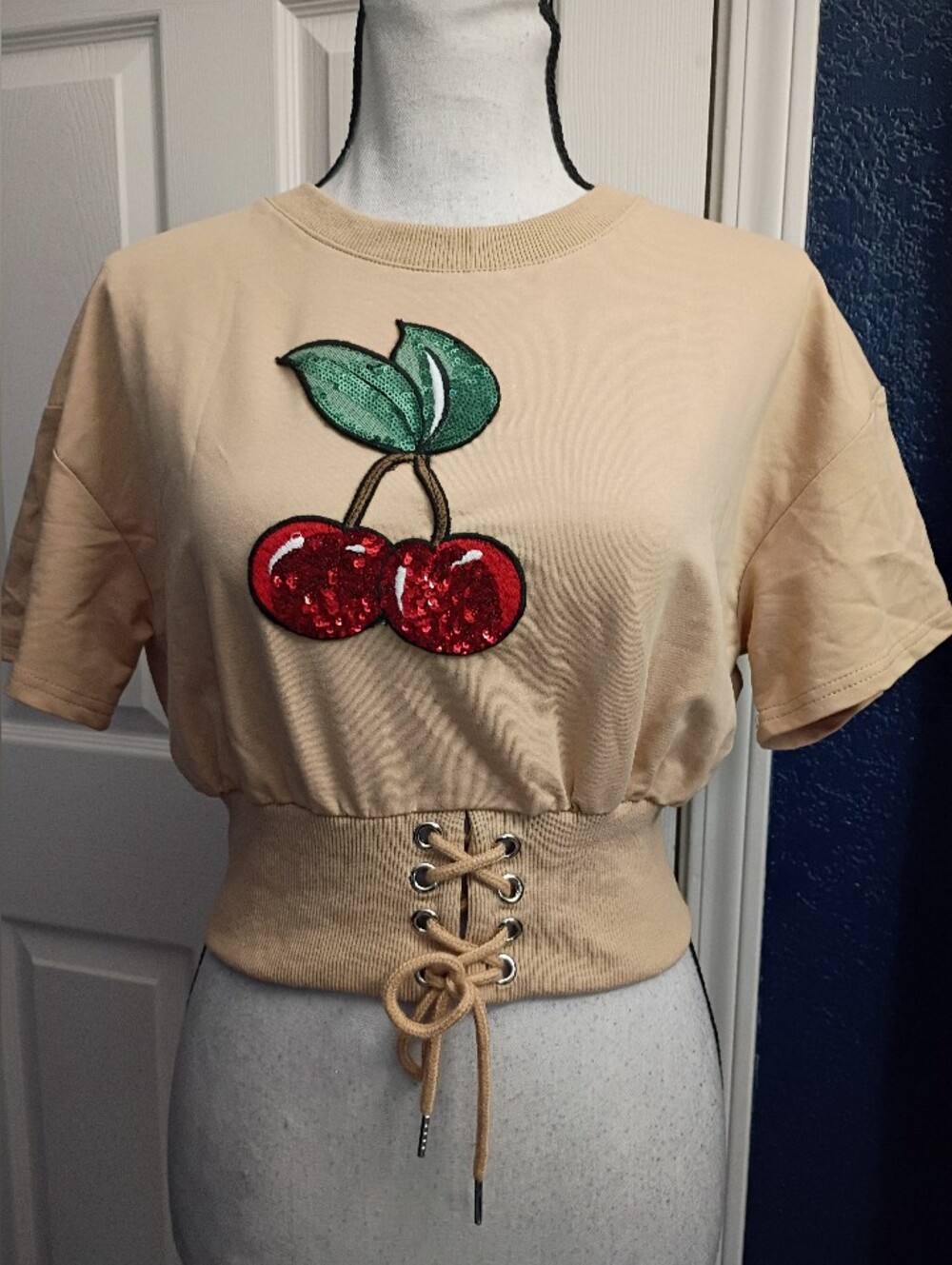 Beige Sequin Cherry Corset Lace-Up Crop Top